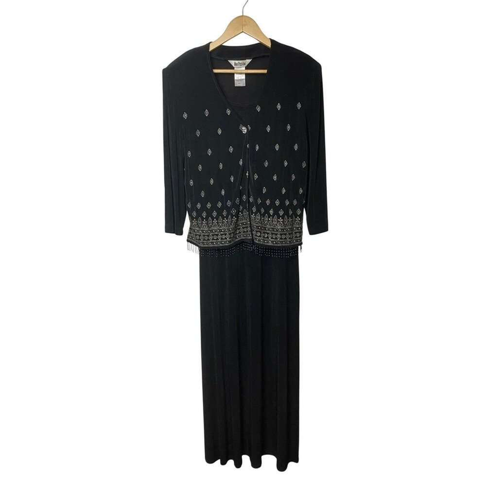 Vintage Nina Piccalino Beaded Maxi Dress Jacket Set Womens 12 Black Formal USA